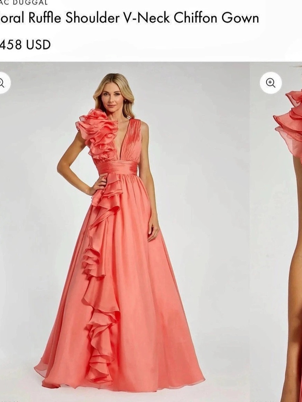 Mac Duggal Coral Ruffle Shoulder V-Neck Chiffon Gown Pink
